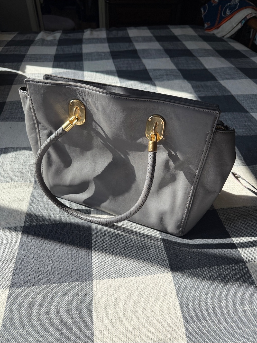 Cole Haan Gray Leather Tote with Braided Handles and Gold Hardware